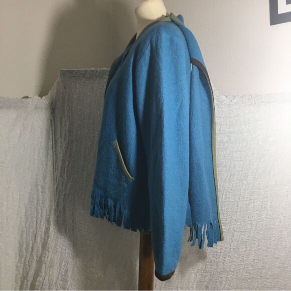 Hearts of Palm 100% Wool Blue Fringed Sweater Size Large - Picture 6 of 12